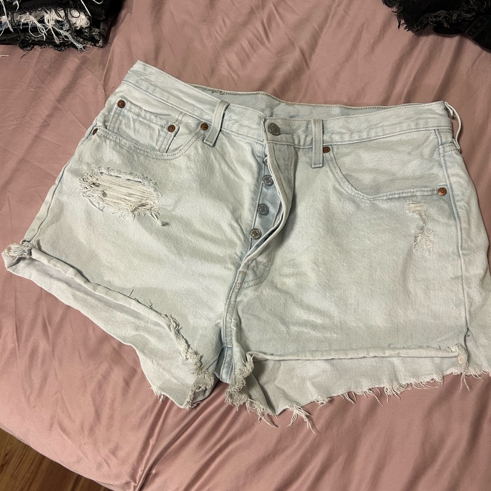 LEVIS Light Blue Distressed Denim Shorts